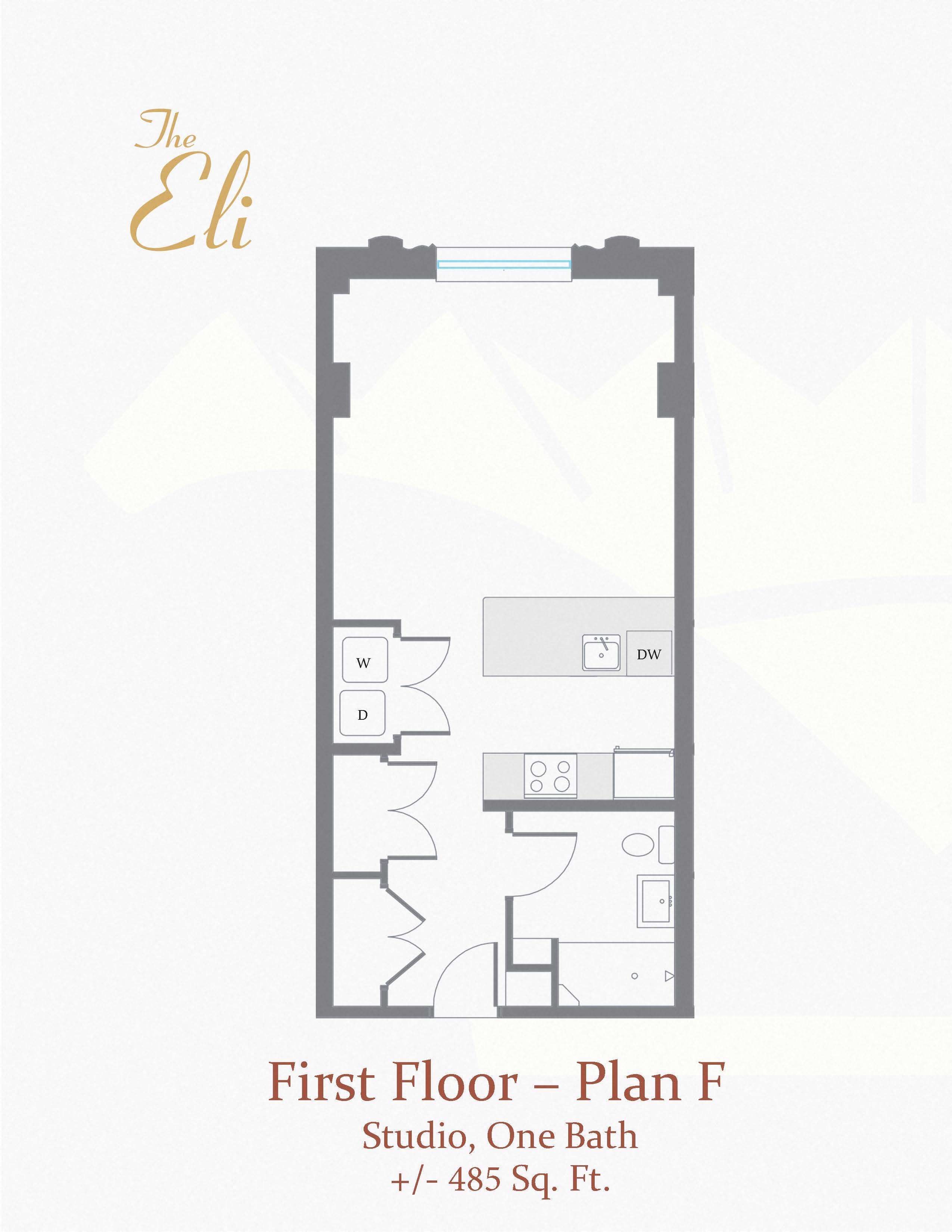 Floor plan for studio, 1 bath, 485 sqft